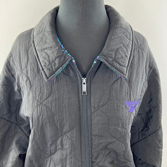 VINTAGE Reebok Black Zip Front Retro Print Quilted Windbreaker Jacket Size L VTG - Picture 4 of 9